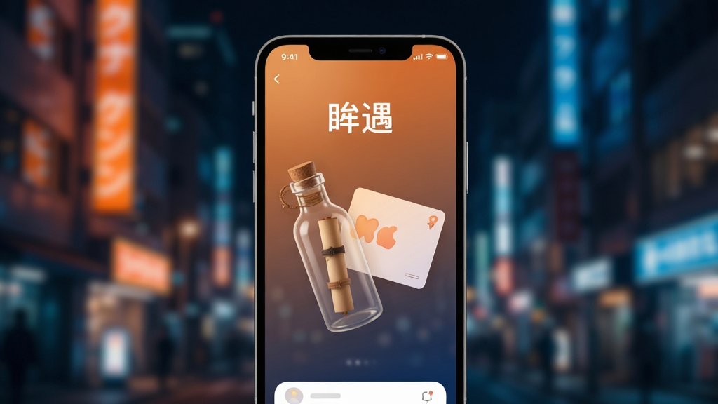 画面主体为一部亮着屏幕的智能手机,屏幕上显示“眸遇”APP的界面,界面中有漂流瓶和卡片元素。背景为模糊处理的现代城市夜景,霓虹闪烁。整体布局采用手机居中、背景虚化的构图,排版简洁。风格为写实科技风,色调以温暖的橙色和深蓝色为主,突出社交的温馨与神秘感。画质细腻,光影过渡自然,干净无多余元素。