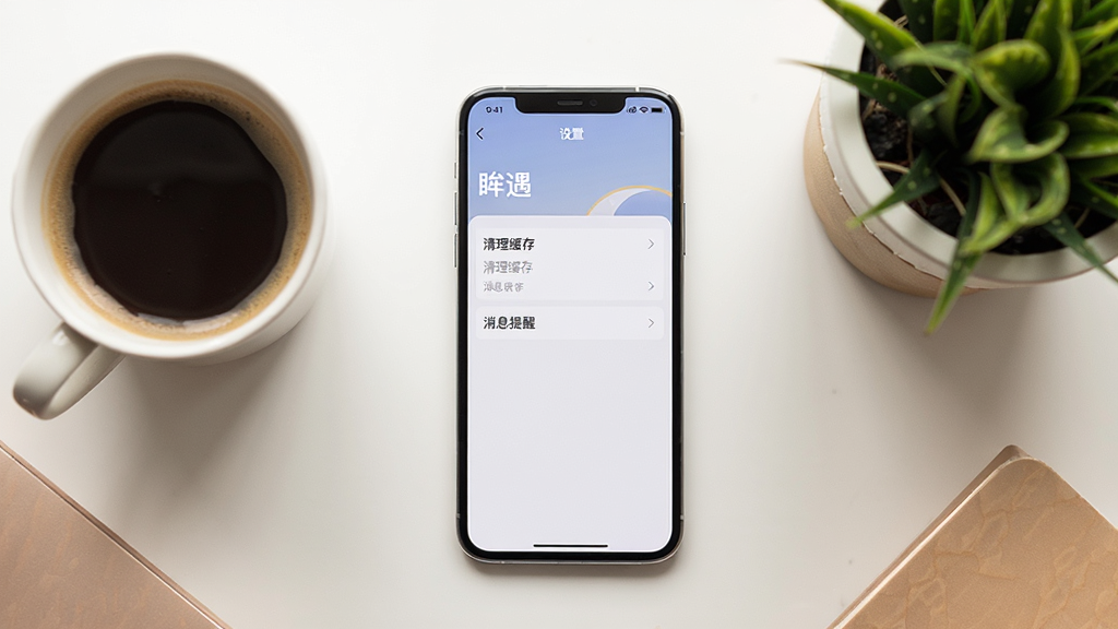 画面主体为一部手机,屏幕显示“眸遇”APP的“设置”界面,界面上有“清理缓存”和“消息提醒”等选项。旁边放着一杯咖啡和桌面绿植。布局为俯拍视角,手机居中,周围环境整洁。风格为写实生活风,色调明亮温暖。画质清晰,细节丰富(如屏幕内容可辨),整体干净无多余元素,突出实用与舒适感。