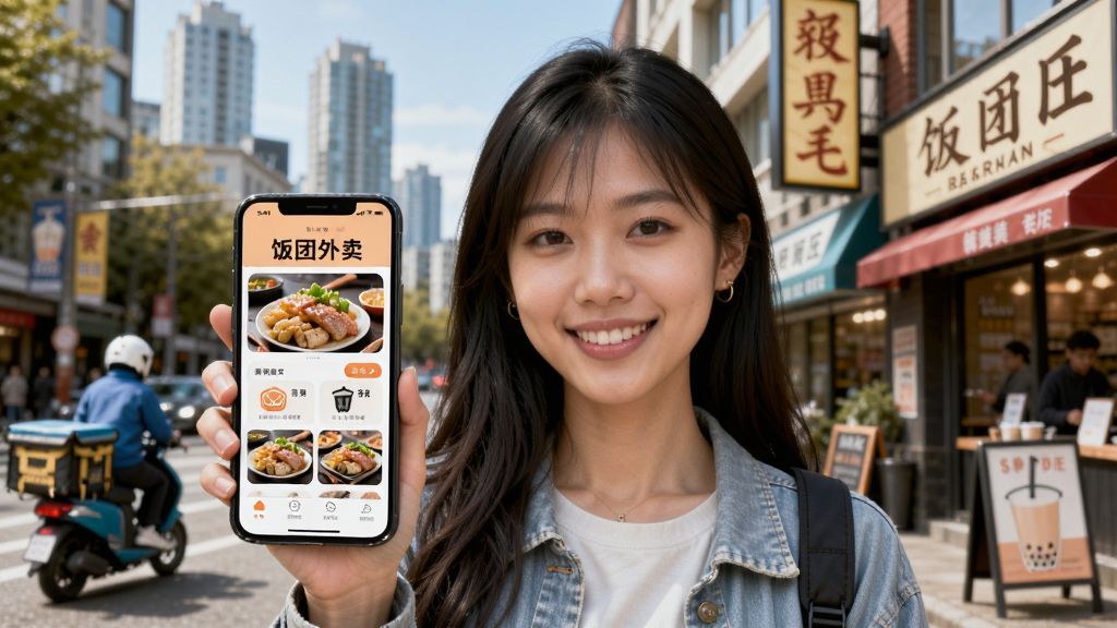 画面主体为一位亚洲年轻女性手持手机,手机屏幕显示“饭团外卖”App界面,背景是温哥华城市街景与中餐馆、奶茶店招牌,布局采用居中构图,风格清新明亮,细节包括外卖骑手与美食图片,画质高清干净,无多余元素。