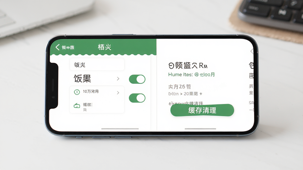 画面主体为一部智能手机横屏展示饭团外卖App的安装与设置界面,背景为简洁桌面,布局采用左右分屏,风格扁平化设计,细节包括权限开关图标与缓存清理按钮,画质干净清晰,无多余元素。