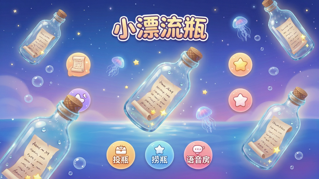 主体:一款名为“小漂流瓶”的手机社交应用界面,屏幕中漂浮着几只发光的玻璃漂流瓶,瓶内装着写满字迹的纸条和闪烁的星星。布局:界面中央为主视觉,上方是应用名称“小漂流瓶”的卡通艺术字,下方分布着“投瓶”、“捞瓶”、“语音房”等圆形功能按钮,背景是渐变的蓝紫色海洋星空。排版:左右对称,功能图标围绕中心瓶子排列,信息层级清晰。风格:清新唯美,治愈系插画风格,色彩柔和温暖,光效梦幻。细节:瓶子表面有细腻的水珠和反光,纸条文字隐约可见,背景有漂浮的水母和气泡,整体画面干净通透。画质:4K超高清,细腻渲染,干净,无多余元素。