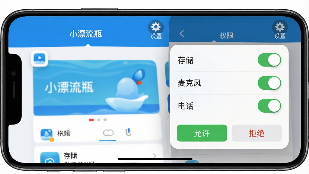 主体:一部智能手机横屏显示“小漂流瓶”应用,屏幕上方有“设置”齿轮图标,下方弹出“权限管理”窗口。布局:屏幕左侧为应用主页,右侧为权限设置弹窗,弹窗内有“存储”、“麦克风”、“电话”开关。排版:左右分明,弹窗居中。风格:简洁商务风,蓝白配色,界面干净。细节:弹窗上的开关为绿色,底部有“允许”和“拒绝”按钮。画质:超清,无多余元素。