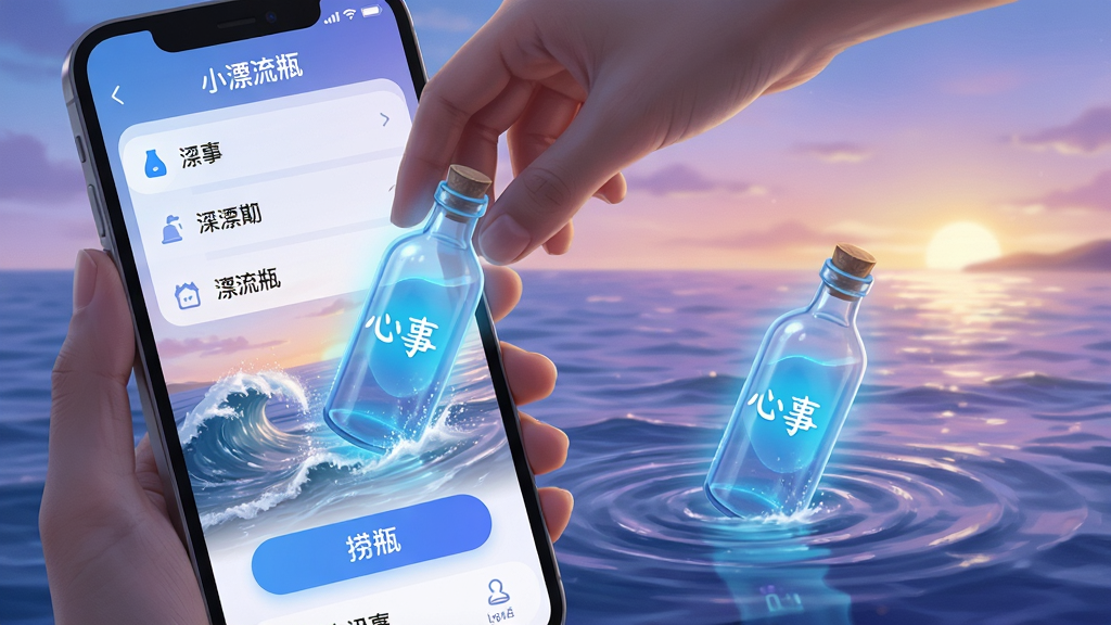 主体:手机屏幕特写,展示“小漂流瓶”应用的漂流瓶互动界面,一只手正将一只发光的蓝色瓶子投入海浪中。布局:屏幕左侧为功能列表,右侧大面积展示动态海洋背景,瓶子从底部向上漂浮。排版:简洁明了,突出投瓶与捞瓶两个主要动作按钮。风格:写实与插画结合,光影通透,海水质感真实,色彩以蓝紫色为主。细节:瓶身上有“心事”字样,海面泛起涟漪,远处有夕阳余晖,画面唯美治愈。画质:高清渲染,细节丰富,干净,无多余元素。