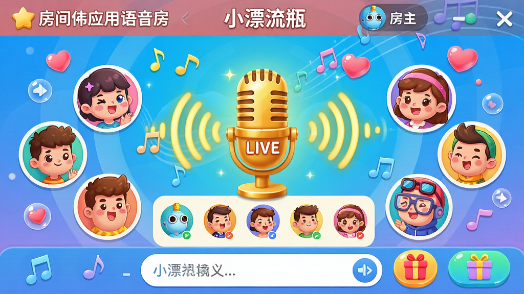 主体:“小漂流瓶”应用的语音房聊天界面,多个卡通头像围绕着一个金色麦克风,声波特效环绕。布局:房间顶部为房间主题和房主信息,中部为麦位列表,底部为聊天输入框和礼物按钮。排版:环形布局,突出在线互动感。风格:活泼明亮,卡通风格,色彩丰富但不杂乱。细节:每个头像都有不同的表情,麦克风上有“LIVE”字样,背景有流动的音符和爱心气泡。画质:高清,画面干净,无多余元素。