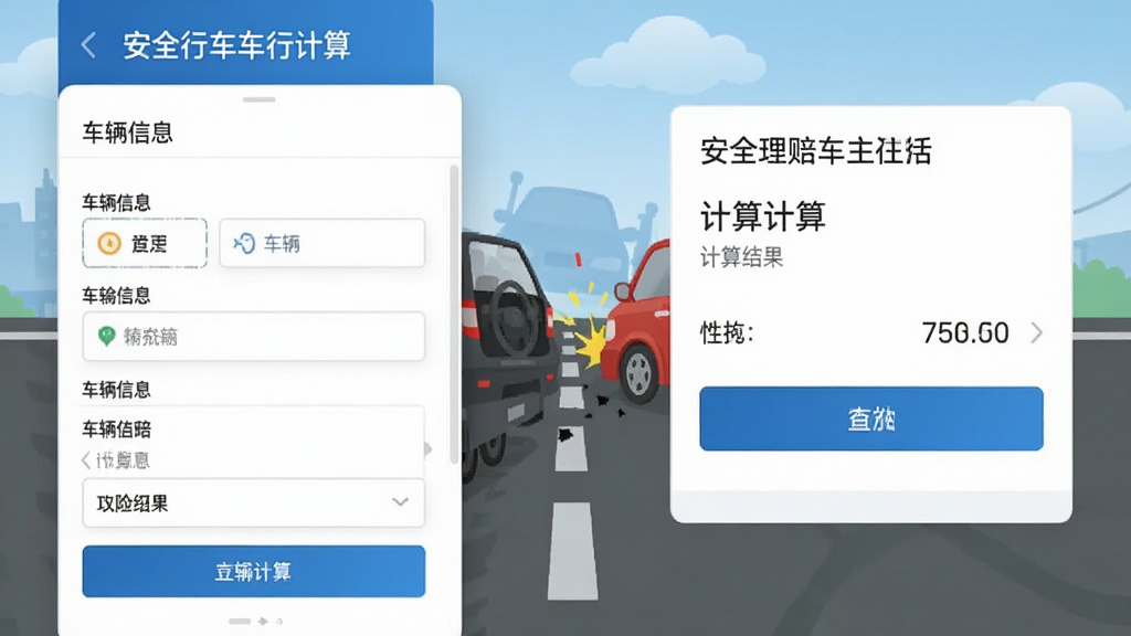 安全行车车主行应用内车险理赔计算界面,显示车辆信息输入表单与计算结果,背景为事故现场示意图,界面干净,字体清晰,蓝白风格,画质高清,无多余元素