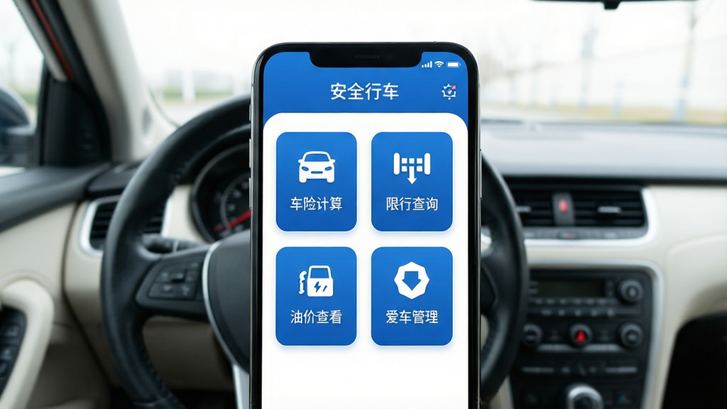 一张智能手机屏幕展示安全行车车主行应用主界面,界面包含车险计算、限行查询、油价查看、爱车管理四大功能图标,整体布局清晰,采用蓝白配色,风格简洁现代,背景为干净的车内驾驶环境,画质高清,无多余元素