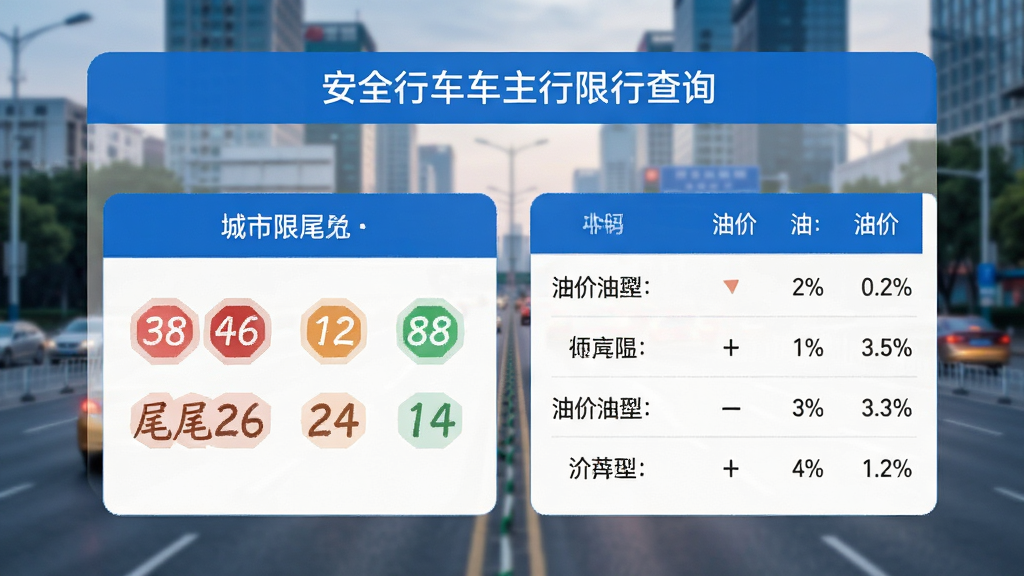 安全行车车主行限行查询页面,显示城市限行尾号与油价列表,背景为城市道路,界面清晰,蓝白配色,风格简约,画质高清,无多余元素