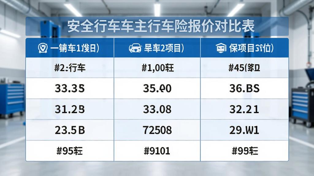安全行车车主行车险报价对比表,展示三家保险公司的报价与保障项目,表格样式简洁,背景为车库场景,画面明亮,蓝白配色,画质清晰,无多余元素