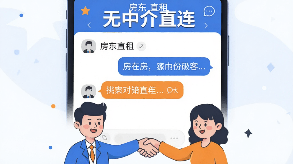 画面主体为“房东直租”APP界面,展示房东与租客直接对话的聊天窗口,上方有“无中介直连”字样。布局采用上下结构,上方为聊天界面,下方为两个卡通人物形象分别代表房东和租客,中间有握手图标。风格为扁平化插画风,配色以蓝色和橙色为主。细节上,聊天气泡清晰,人物表情友好,画质干净,无多余元素。