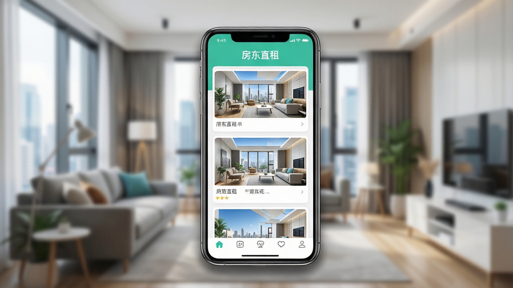 画面主体为“房东直租”APP的智能手机展示图,手机屏幕显示简洁的房源列表界面,背景为模糊的现代城市公寓内部环境。布局采用手机居中、背景虚化的方式,突出APP界面。排版上,手机屏幕内有清晰的“房东直租”字样及房源卡片。风格为扁平化设计,色彩清新明快。细节方面,手机边缘有柔和阴影,界面中房源图片清晰可见,整体画质高清、干净、无多余元素。