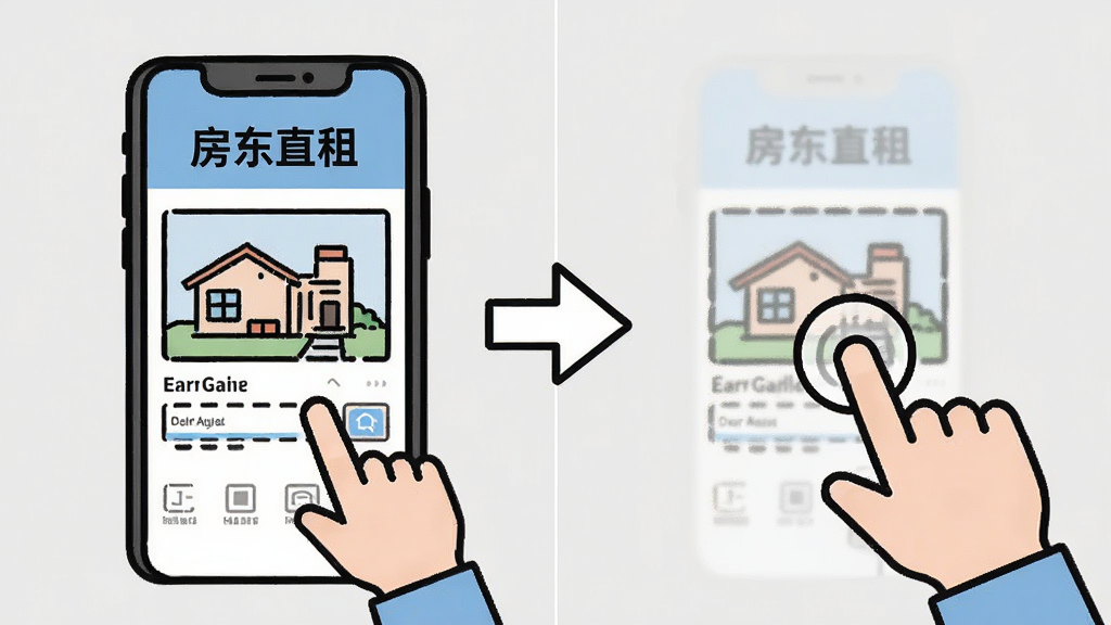 画面主体为“房东直租”APP使用教程的卡通示意图,分为左右两部分,左边是手机界面显示搜索房源,右边是用户手指点击操作。布局为左右对称,中间有箭头指示。风格为简约线条插画,背景为浅灰色。细节上,手机屏幕有“房东直租”字样,操作手势清晰可见,画质干净无多余元素。