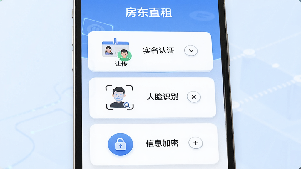 画面主体为“房东直租”APP的安全认证页面,展示身份证上传、人脸识别等步骤图标。布局采用卡片式设计,从上到下依次排列认证流程。风格为简洁科技感,背景为淡蓝色渐变。细节上,每个步骤图标清晰标注“实名认证”“人脸识别”“信息加密”等字样,画质高清、干净、无多余元素。