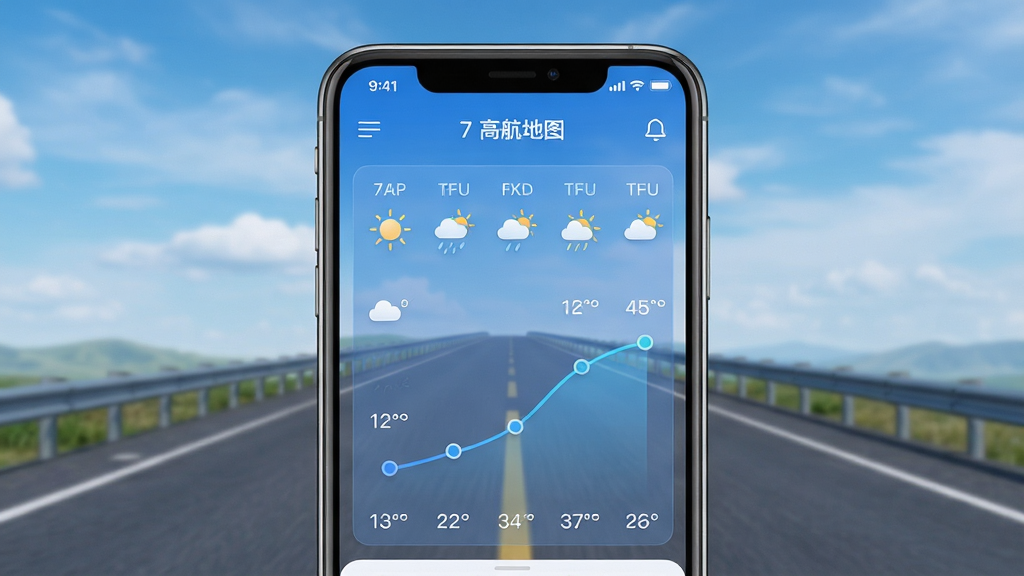高航地图导航天气预报功能预览,手机屏幕展示未来7天天气图标和温度曲线,背景为公路与天空,画面通透,UI图标精致,蓝色调为主,画质清晰,干净无多余元素