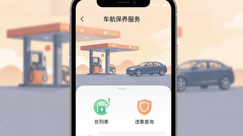 高航地图导航车主服务页面,展示车辆保养提醒、油价列表和违章查询入口,手机界面风格简洁,图标清晰,背景为加油站和汽车剪影,色调柔和,画质高清,干净无多余元素