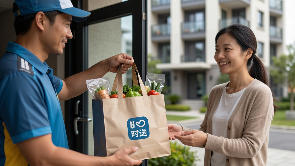 ���壺ʱ��App������Ա������ʳ�������û����ſڣ��û�΢Ц���գ����֣�ǰ��Ϊ����Ա���Ϲ����������Ϊ�ִ�����¥���Ű棺��Ȼץ�ķ��ͻ����ܰ��Χ�����дʵ�����������Ȼ��ϸ�ڣ�ʳ�İ�װ��ӡ��ʱ��logo���û��������⣻���ʣ����壬�ɾ����޶���Ԫ�ء�