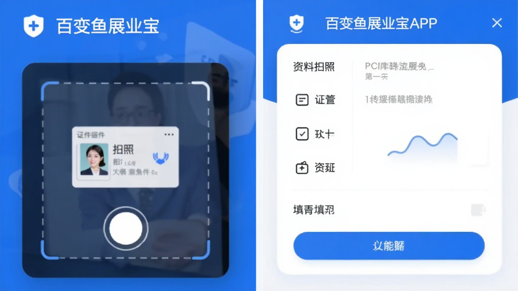 百变鱼展业宝APP的智能进件功能界面,展示上传证件的拍照框和资料填写表单,带有“百变鱼展业宝”字样,界面以蓝色为主色调,卡片式布局,配以简洁的图标和提示文字,画质清晰,风格现代,干净整洁。