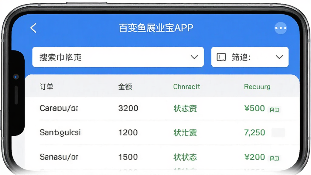 百变鱼展业宝APP的订单查询结果页面,列表形式展示订单编号、金额、状态等字段,顶部有搜索和筛选栏,界面清爽,文字清晰,风格商务简洁,画质干净,无多余元素。