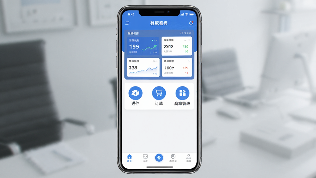 一张展示百变鱼展业宝APP在手机屏幕上运行的主界面预览图,界面布局清晰,上方显示数据看板,中间有进件、订单、商家管理等功能图标,下方为导航栏,整体风格简洁商务,色彩以蓝色和白色为主,画质干净,无多余元素。
