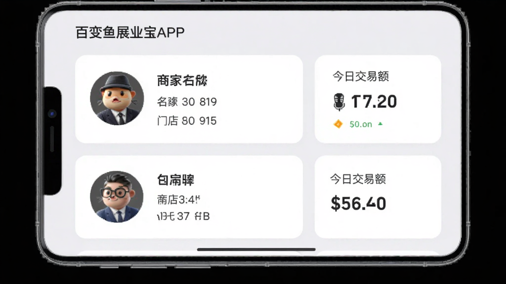 百变鱼展业宝APP的商家管理页面,以卡片形式展示商家头像、名称、门店数量和今日交易额,背景为浅灰色,卡片圆角设计,界面简洁美观,风格商务,画质干净。