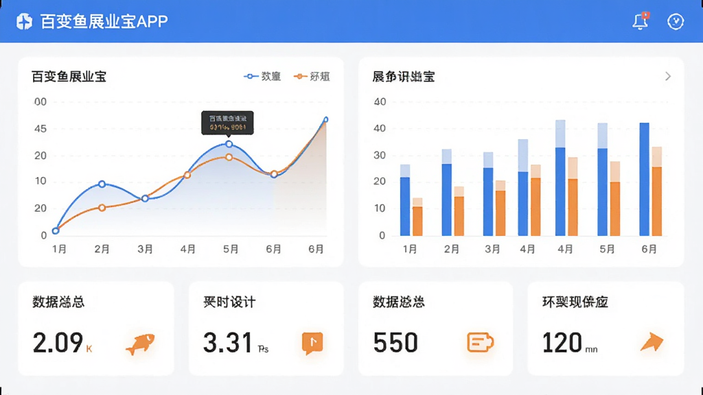 百变鱼展业宝APP的数据统计页面,展示折线图和柱状图,图表下方有数据汇总卡片,背景为白色,图表配色以蓝橙为主,界面层次分明,风格简约商务,画质清晰。