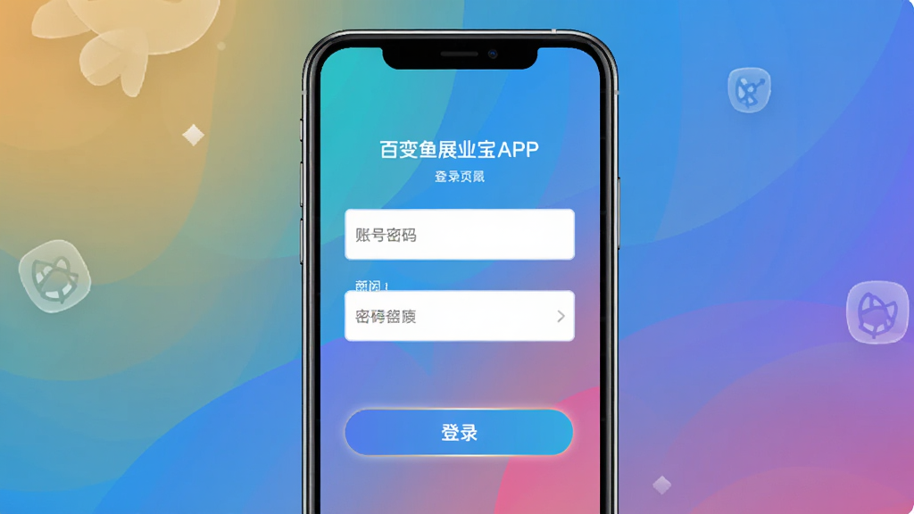 百变鱼展业宝APP的登录页面,手机屏幕中央有账号密码输入框,下方有登录按钮,背景为渐变色,整体风格商务简洁,画质清晰,干净无多余元素。