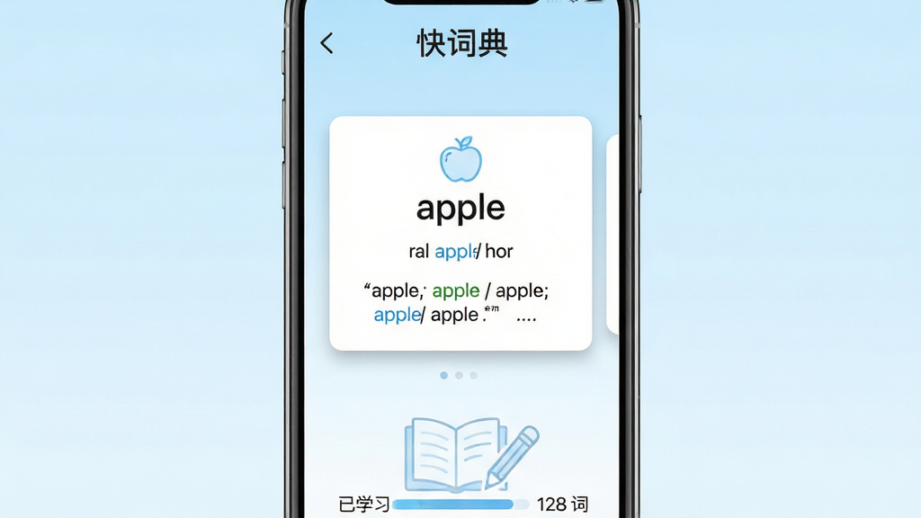 主体:快词典App界面展示,一部智能手机屏幕显示简洁的单词学习界面,中央显示单词“apple”及音标、释义,背景为柔和的浅蓝色渐变。布局:手机居中,周围留白,下方有淡淡的书本与铅笔图标点缀。排版:UI界面整洁,文字清晰,图标线性风格。风格:扁平化设计,色调清新明快,符合教育类应用气质。细节:屏幕内单词卡片有微微阴影,底部有“已学习 128 词”进度条。画质:4K高清,渲染细腻,干净无多余元素。