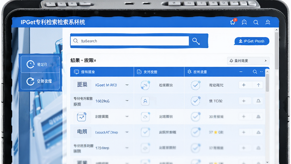 主体为IPGet专利检索系统软件界面展示,布局呈现主搜索框与结果列表,排版清晰,风格科技蓝白配色,细节展示功能分区,画质高清干净,无多余元素