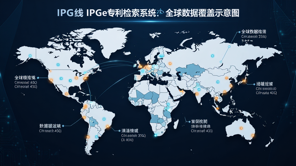 主体为IPGet专利检索系统全球数据覆盖示意图,布局世界地图与数据点,排版简洁,风格商务科技感,细节标注数据区域,画质清晰干净