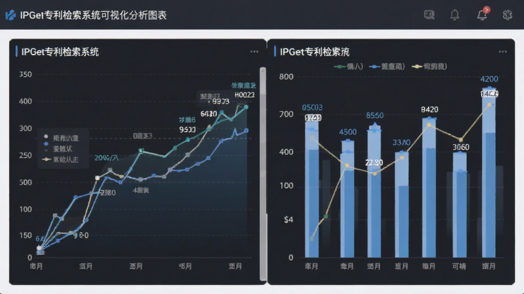 主体为IPGet专利检索系统可视化分析图表界面,布局折线图与柱状图组合,排版整齐,风格现代简约,细节展示数据标签,画质高清干净