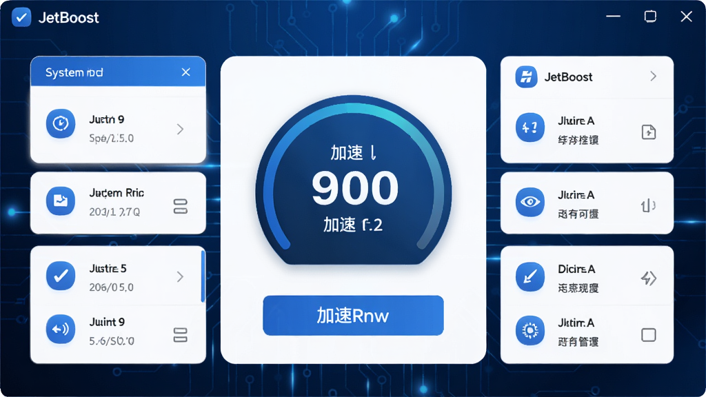 JetBoost软件主界面预览图,展示简洁的仪表盘风格布局,中央显示系统评分和加速按钮,背景为深蓝色科技感渐变,界面元素以蓝白配色为主,图标清晰,整体风格干净现代,画质清晰,无多余元素