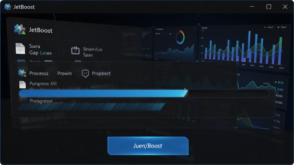 JetBoost一键加速功能运行界面,显示正在扫描系统垃圾文件和进程,进度条快速推进,背景为动态数据图表,界面采用深色主题,有蓝色高亮按钮,整体科技感强,画质清晰,无多余元素