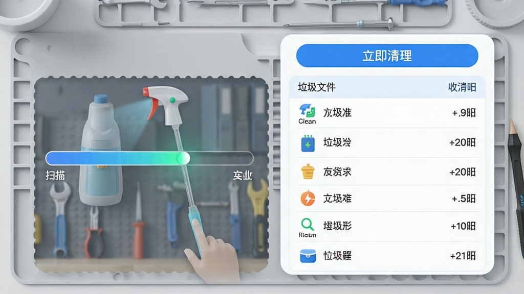 JetClean智能清理功能展示图,画面左侧为扫描进度条,右侧列出垃圾文件分类明细,背景为浅灰色工作台,数据列表整齐排列,顶部有“立即清理”按钮,整体色调清新明亮,界面细节丰富,画质干净清晰