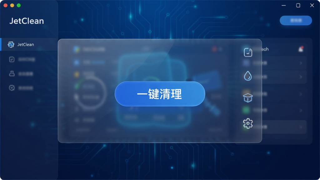 JetClean软件主界面预览图,展示简洁的仪表盘布局,中央显示“一键清理”按钮,背景为深蓝色科技感渐变,配以半透明玻璃质感面板,界面清爽干净,图标线条流畅,整体风格现代且专业,画质高清,无多余元素