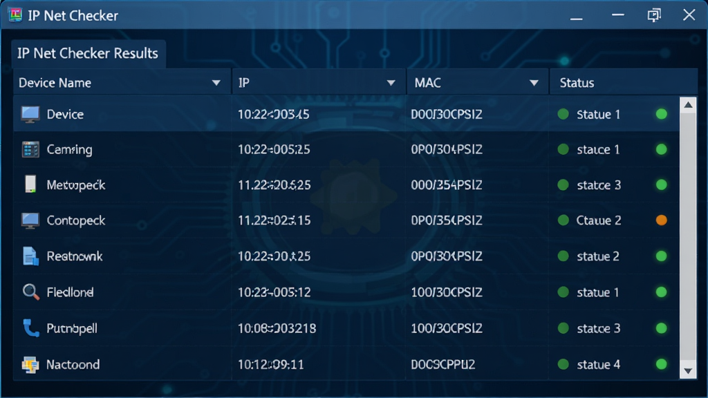 һ��չʾIP Net Checker����������ĸ����ͼ������������ʾ����ɨ�����б��������豸���ơ�IP��ַ��MAC��ַ��״ָ̬ʾ�ƣ�����Ϊ����ɫ�Ƽ��з�񣬲����������Ű����룬ϸ�ڷḻ�����ʸɾ����޶���Ԫ��