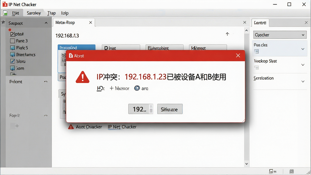 һ��IP Net Checker������⵽IP��ͻʱ�ĸ澯�����ͼ����Ļ������ʾ��ɫ���浯��������Ϊ��IP��ͻ��192.168.1.23�ѱ��豸A��Bʹ�á�������Ϊ���������棬��ӰЧ��ͻ��������Э�����Ű�רҵ��ϸ����ʵ�����ʸɾ����޶���Ԫ��