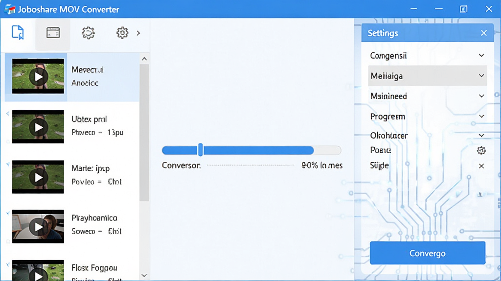 主体:Joboshare MOV Converter软件主界面,显示视频转换过程。布局:左侧为视频文件列表,右侧为转换设置面板,中间为转换进度条。排版:清晰有序,图标美观。风格:现代简约,科技感。细节:视频缩略图清晰,转换按钮醒目,界面色彩以蓝色为主调。画质:4K高清,干净,无多余元素。
