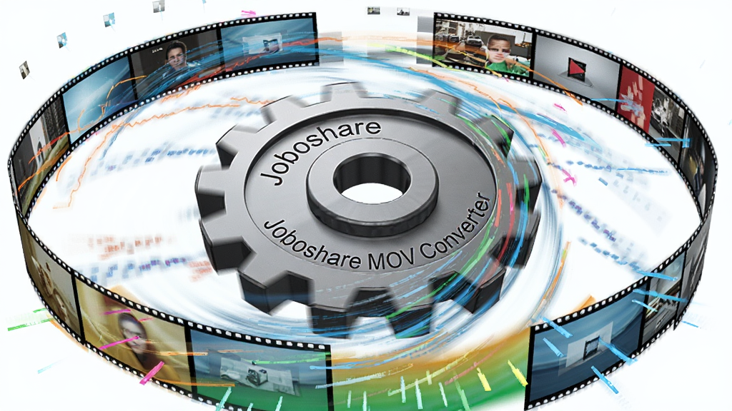 主体:Joboshare MOV Converter转换引擎工作示意图,显示高速转换。布局:中心为高速旋转的齿轮,四周环绕流畅的视频流。排版:动态感强。风格:科技感,抽象。细节:齿轮上刻有“Joboshare MOV Converter”字样,视频流包含不同颜色。画质:高清晰,干净,无多余元素。