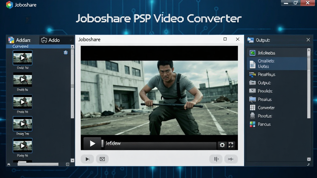 画面中心展示Joboshare PSP Video Converter的现代化软件界面,界面左侧为视频文件添加列表区域,右侧为输出格式选择面板,背景为深蓝色科技感渐变。界面中醒目位置显示软件名称