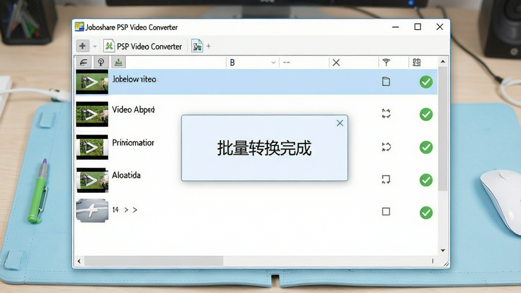 展示Joboshare PSP Video Converter批量处理多个视频文件的界面,画面中文件列表包含5个不同名称的视频文件,每个文件旁有绿色对勾表示转换完成。软件主窗口中央显示