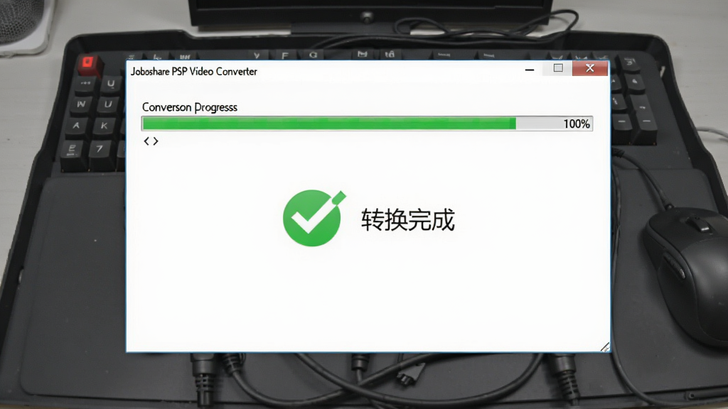 展示Joboshare PSP Video Converter使用过程中的进度提示界面,画面中转换进度条已接近100%,背景为深灰色工作台,软件窗口中央显示绿色勾号,旁边有