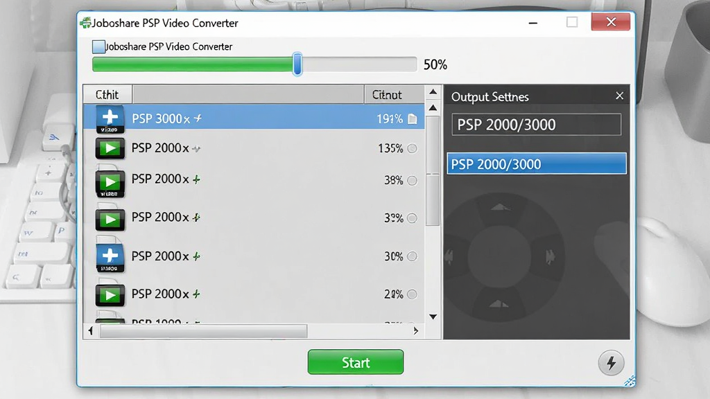展示Joboshare PSP Video Converter转换过程的动态界面截图,画面中进度条显示50%,左侧文件列表中有多个视频文件,右侧输出设置面板高亮显示PSP 2000/3000预设选项。背景为浅灰色工作台,软件窗口居中,下方有绿色开始按钮,整体风格简洁明亮,画质干净,无多余元素。