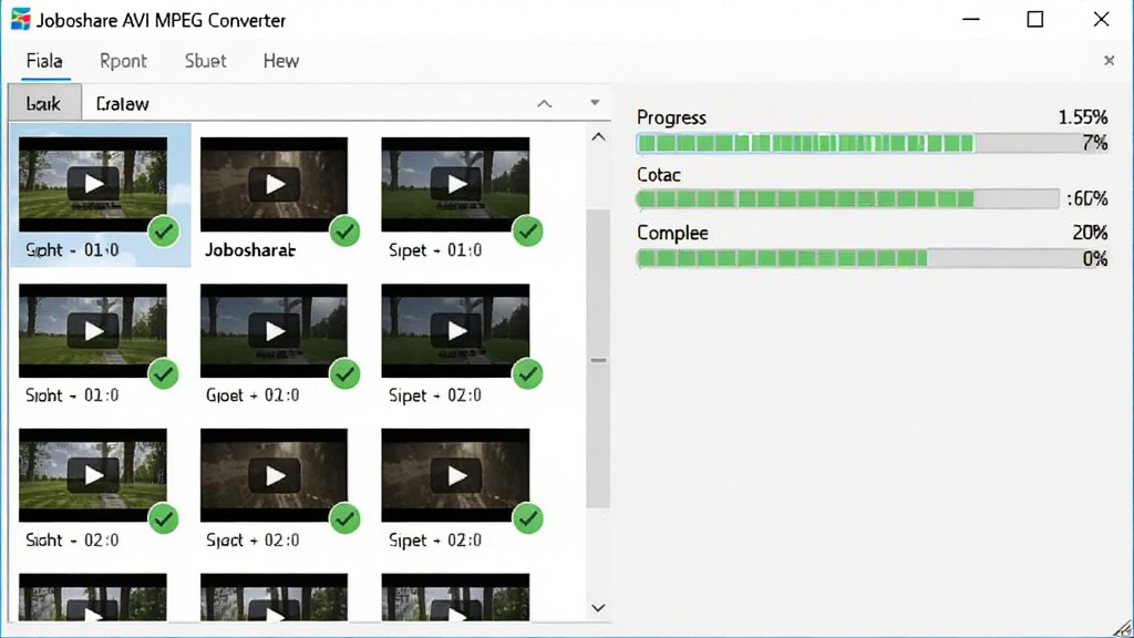 主体为Joboshare AVI MPEG Converter批量转换界面,左侧列表排列多个视频缩略图,右侧显示进度条与完成百分比,布局清晰,现代扁平风格,细节有绿色对勾标记已完成文件,画质干净明亮,软件名称出现在顶部标题栏