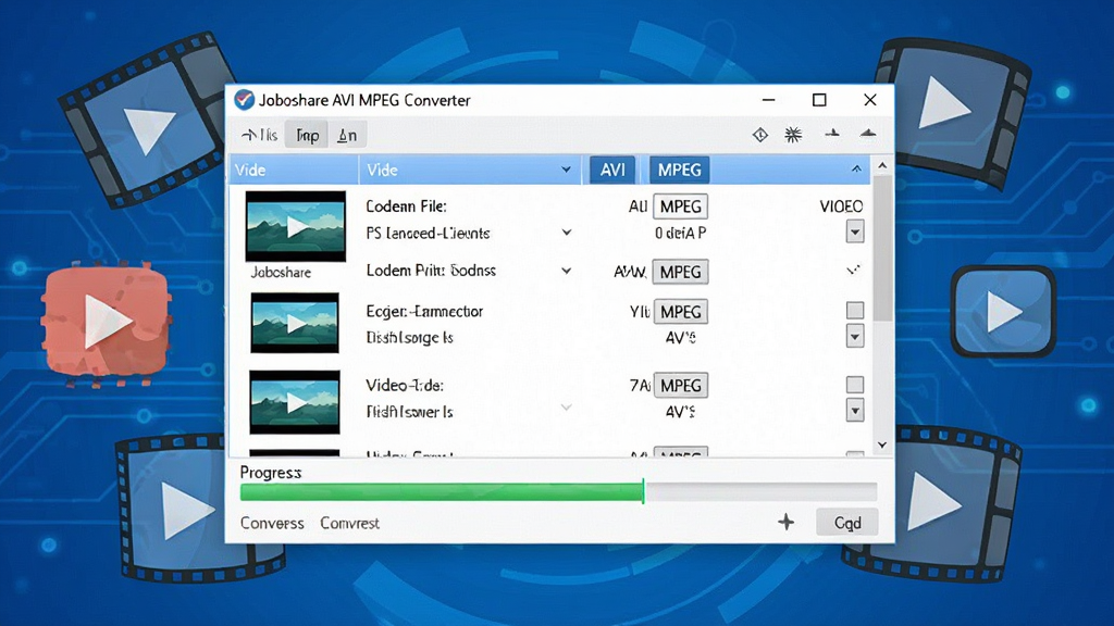 主体为Joboshare AVI MPEG Converter软件界面悬浮在蓝色科技背景上,界面显示视频文件列表与转换进度条,周围环绕胶片与播放图标,布局居中,扁平化插画风格,细节包含格式标签AVI与MPEG,画质高清干净,无多余元素