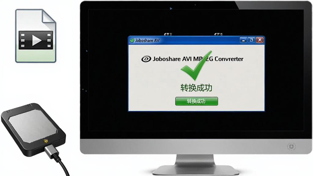 主体为电脑屏幕显示Joboshare AVI MPEG Converter转换完成提示窗口,旁边有外接硬盘与视频文件图标,布局简洁,写实风格,细节有绿色对勾与“转换成功”字样,画质清晰,无多余元素