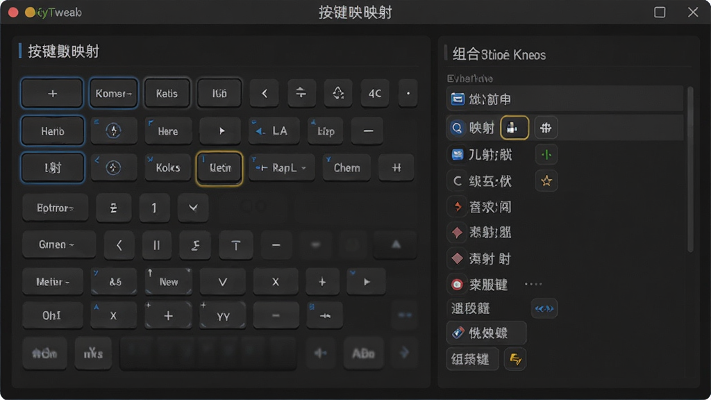 KeyTweak软件功能展示图,主体是按键映射设置面板,展示多媒体键和组合键的映射选项,布局整齐,风格专业,细节部分高亮显示可自定义的按键列表,画质干净,无多余元素。