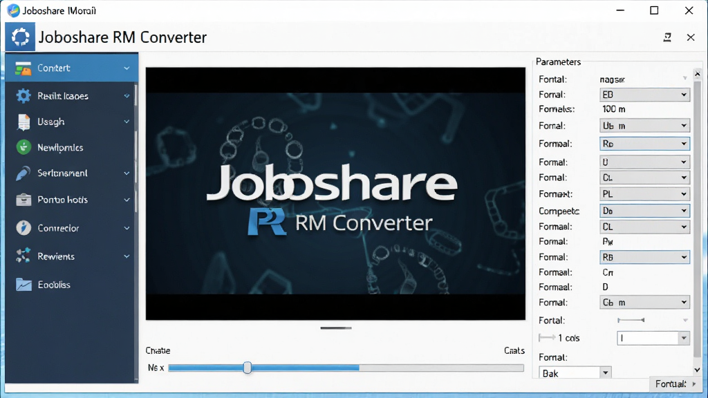 高清视频转换软件界面,主体是“Joboshare RM Converter”软件主窗口,布局为左侧功能列表、中间预览区域、右侧参数设置面板,排版简洁,风格现代科技感,细节包含进度条和格式选项,画质清晰干净无多余元素,软件名字预览图