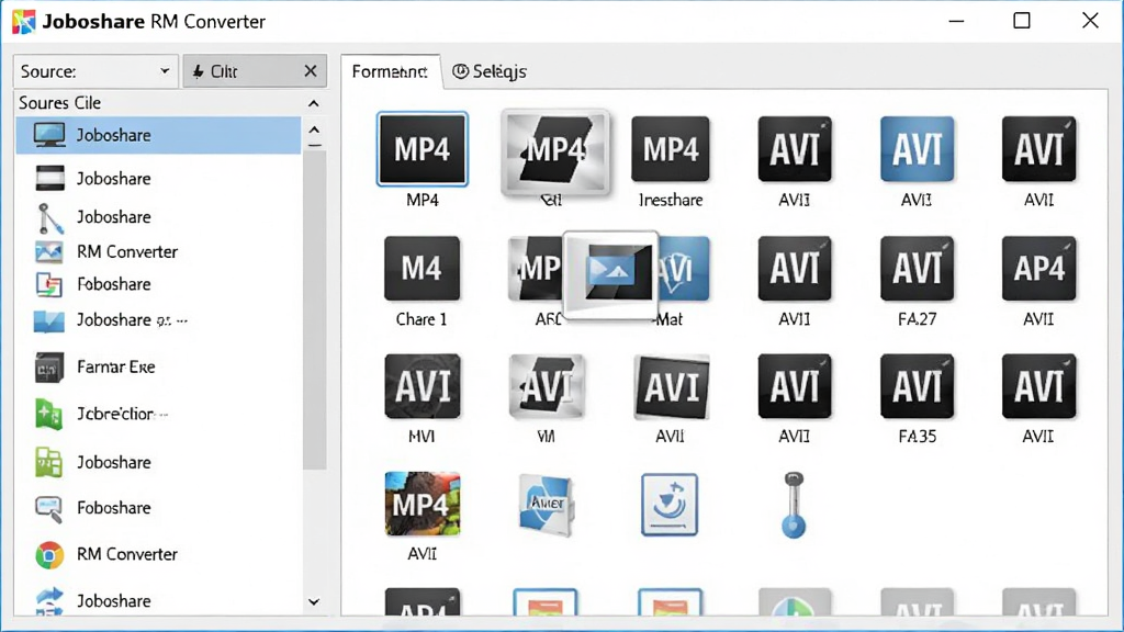 软件转换界面,主体是“Joboshare RM Converter”输出格式选择窗口,布局为左侧源文件列表、右侧格式图标网格,排版整齐,风格清晰明亮,细节突出MP4和AVI图标,画质精细干净无多余元素,软件名字预览图