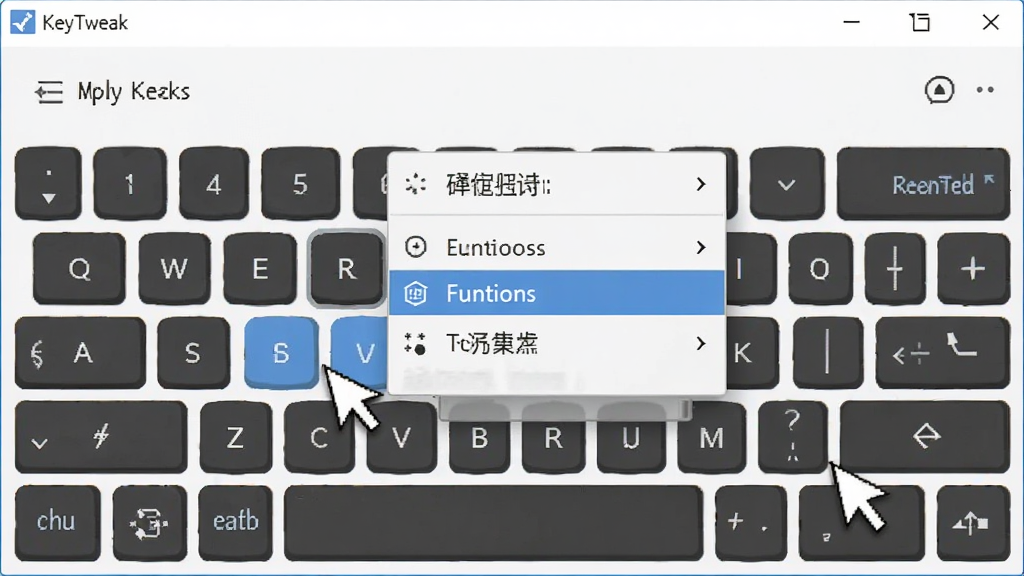 KeyTweak软件界面中,用户正在点击虚拟键盘上的某个按键,弹出菜单显示可选功能,界面布局清晰,风格简洁,细节展示鼠标点击操作和菜单选项,画质干净,无多余元素。