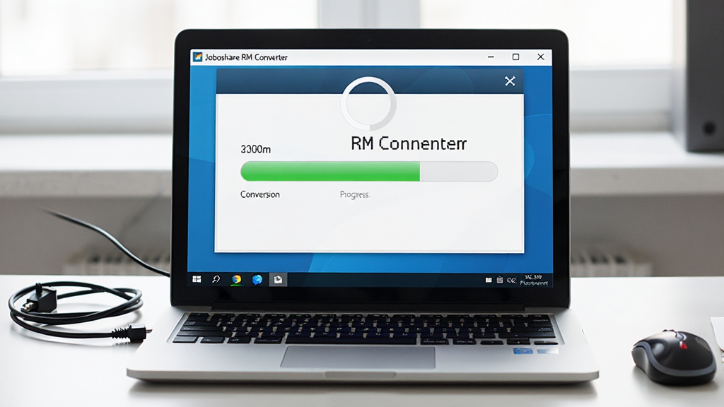 电脑转换软件操作场景,主体是笔记本电脑屏幕显示“Joboshare RM Converter”转换进度,布局为电脑和桌面环境,排版自然,风格写实,细节有鼠标和电源线,画质高清干净无多余元素,软件名字预览图