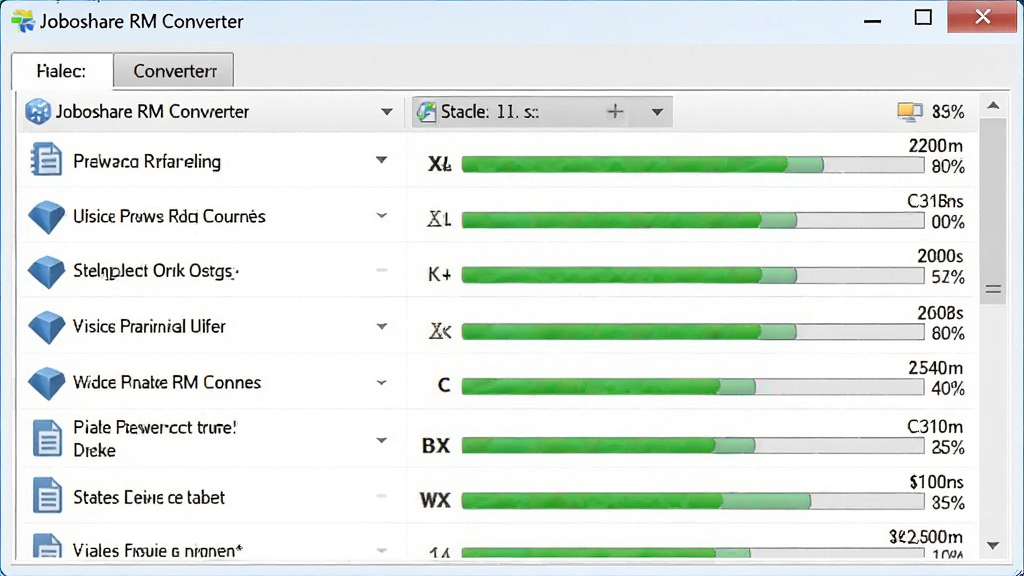 批量转换进度界面,主体是“Joboshare RM Converter”批量任务列表,布局为多行文件状态和进度条,排版紧凑,风格实用直观,细节显示完成百分比,画质清晰干净无多余元素,软件名字预览图